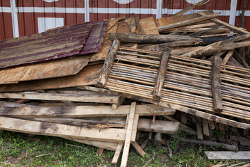 Wooden debris at the yard, boards and plates