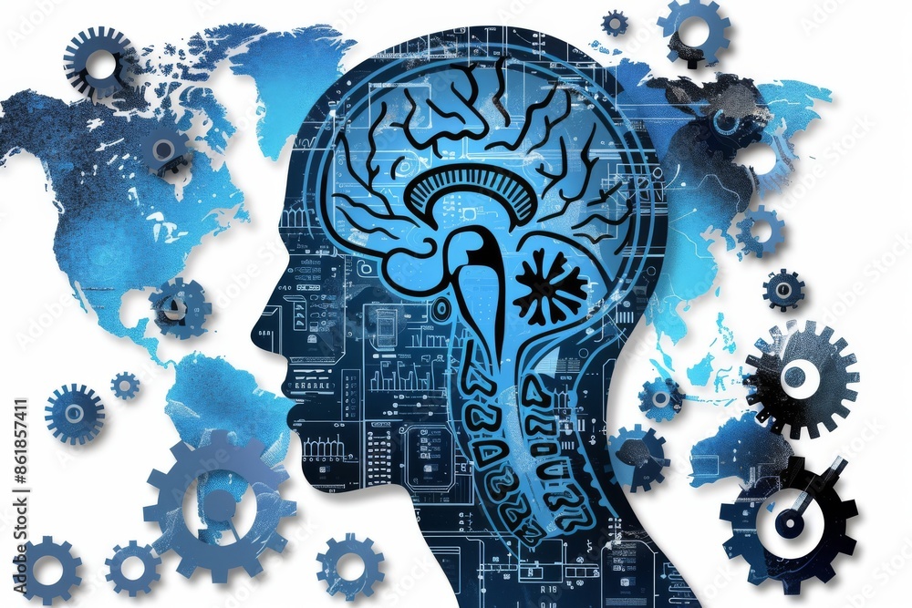 Poster abstract ai brain with mechanical gears, symbolizing cognitive technology and innovation