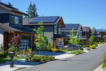 Modern Sustainable Residential Street with Solar Panel Homes Promoting Green Lifestyle