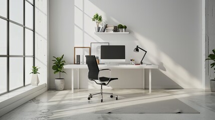 A minimalist office space with a focus on clean lines and simplicity. A sleek white desk with a single monitor and a minimalist desk lamp sits against a wall with no decorations.