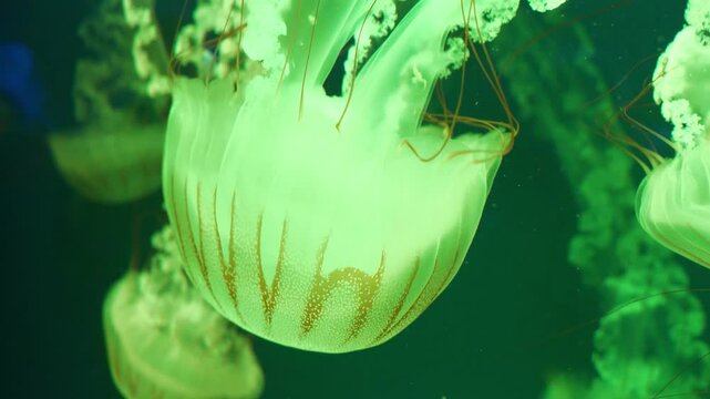 Beautiful jellyfish swim in an aquarium under different colors of lighting. Medusas swims underwater. Jellyfishes swims in big aquarium