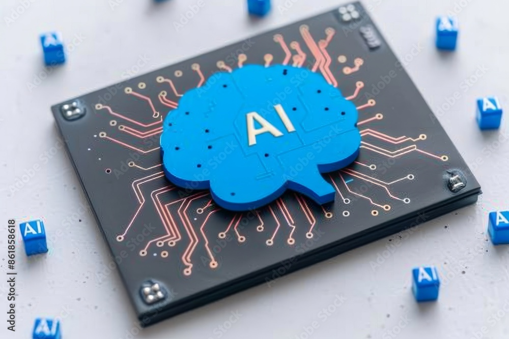 Poster ai processor on circuit board with glowing elements, representing technological innovation
