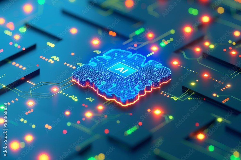 Poster ai processor on black circuit board with glowing elements, symbolizing technological innovation and 
