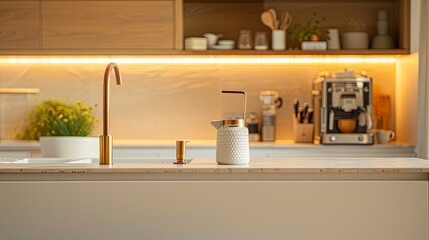 modern kitchen, sleek eggshell light beige finishes, with a beige and wood, white marble. depth of field that highlights, with a simple white sink and bronze faucet, espresso machine.