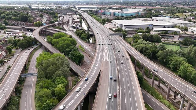 Drone shot over M6 Motorway at Spaghetti Junction, Birmingham, UK