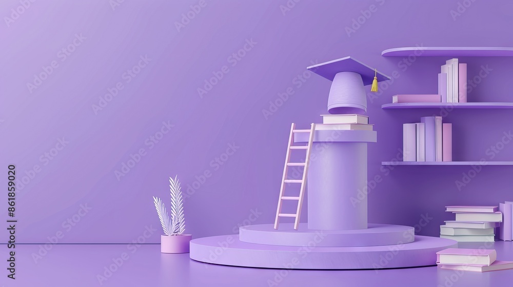 Canvas Prints 3D rendering of a podium with a graduation hat, ladder and books on a purple background. AI generated illustration - Canvas Prints