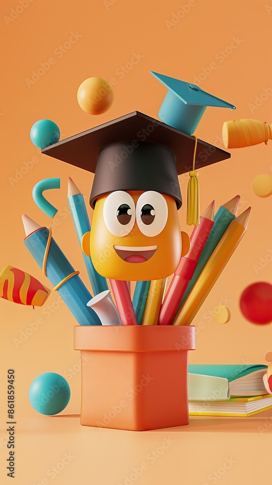 Wall mural concept of obtaining higher education. stack of books and graduate cap on a blue background. 3d render. illustration. AI generated illustration - Wall murals