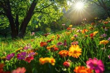 Obraz premium A refreshing spring scene with a field of vibrant flowers and lush green grass, under a radiant sun. The sunlight filters through the trees