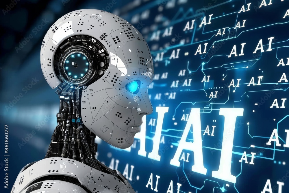 Aufkleber ai robot with digital interface and glowing ai symbols, high tech environment, futuristic design