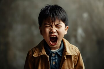 Portrait of Asian angry, sad and cry little boy on dirty grey color background, The emotion of a child when tantrum and mad, expression grumpy emotion, yelling, shouting. Kid emotional control concept