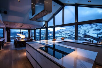 Fototapeta premium Luxury ski chalet kitchen with panoramic mountain views for a modern interior experience