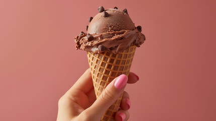 hand holding chocolate ice cream cone on brown background