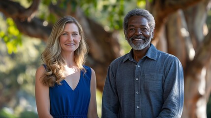 Naklejka premium Middle-aged woman with long blonde hair and a smiling man with gray hair holding hands and walking in a park, she in a blue dress, he in a gray shirt, afternoon light, waist-up photo