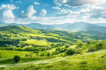 Obraz premium panorama of beautiful countryside of romania. sunny afternoon. wonderful springtime landscape in mountains. grassy field and rolling hills. rural scenery