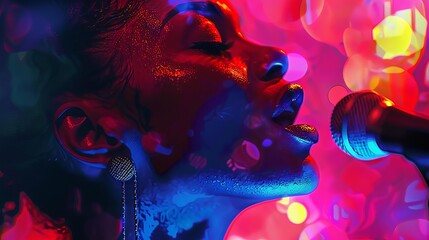 Obraz premium A chorus singer performing with holographic backup singers, Bright colors, Futuristic, Digital painting, Vibrant