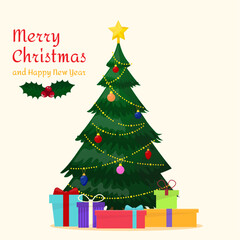 Decorated christmas tree with presents. Merry Christmas and a happy new year. Flat style vector illustration.