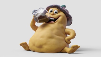 Naklejka premium A cartoon character drinking a cup of coffee from the side, AI