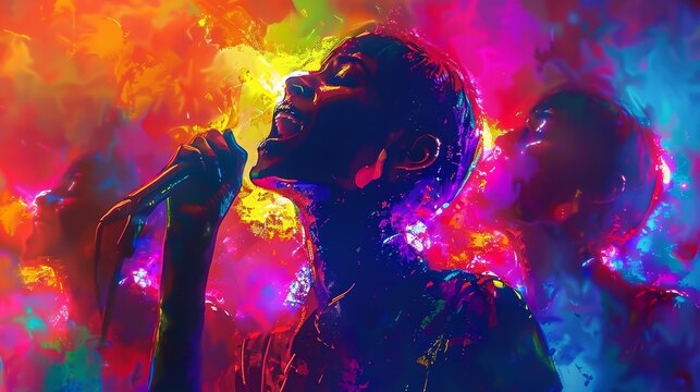 A chorus singer performing with holographic backup singers, Bright colors, Futuristic, Digital painting, Vibrant