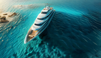 Fototapeta premium Private Modern Yacht. Marine Yacht above Turquoise Sea background. Sea coastline. Natural morning light and shadows, Sunrise time. 