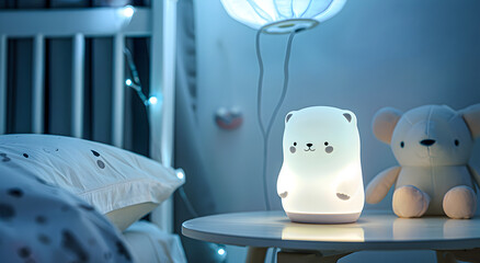 Children's nightlight in the form of a cute animal placed on the bedside table.