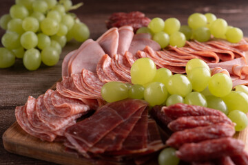 photography, assortment, slice, cuisine, platter, gourmet, grape, delicatessen, lunch, variety, food, snack, meat, party, salami, plate, ham
