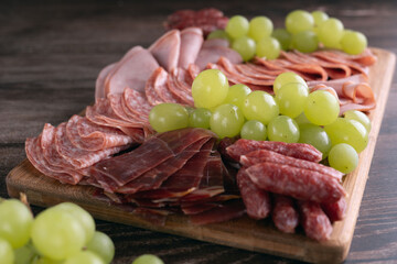 photography, set, ingredient, grape, lunch, variety, party, food, snack, meat, salami, plate, prosciutto, sausage, ham, gourmet, rustic, board