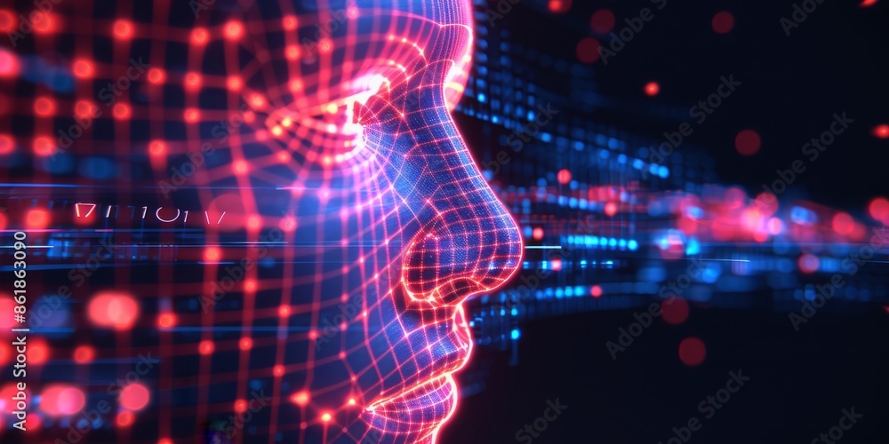 Poster futuristic digital rendering of a 3d human head profile made of neon network lines against a digital