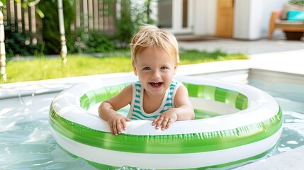 A young boy with blonde hair smiles as he floats in a green and white inflatable ring in a backyard pool