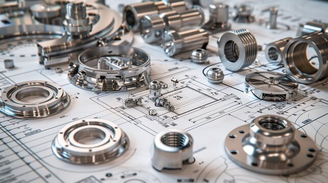 Array of mechanical parts and components precisely arranged on engineering drawings, highlighting the detail and precision involved in mechanical design and manufacturing.