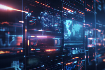 Obraz premium technology background with futuristic holographic interfaces and interactive digital displays. generative ai 
