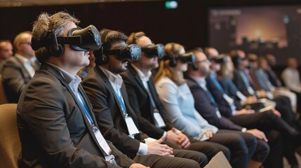 Corporate virtual reality experience. A row of business professionals seated in a conference hall, engaged with virtual reality headsets, ideal for themes related to tech events