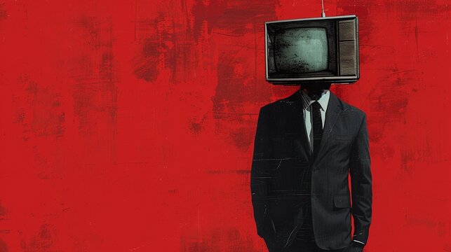 Contemporary collage featuring a man in a suit with a retro TV for a head against a textured red background, evoking media influence themes.