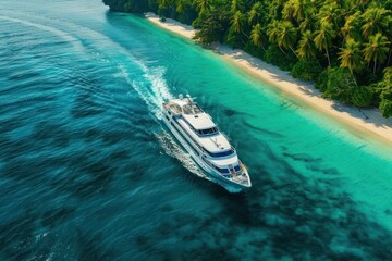 Naklejka premium A stunning cruise boat navigating through the turquoise waters near a tropical island with dense palm trees and pristine beaches