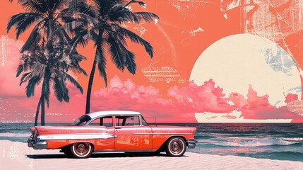 Retro summer vibes in a cut-and-paste collage featuring a classic car under palm trees against a pink-hued sunset and ocean backdrop, creating a dreamy, nostalgic beach scene.