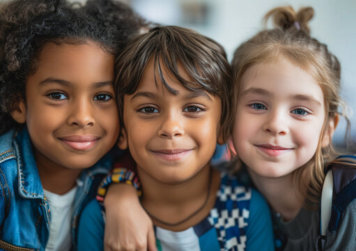 Three children are smiling and hugging each other