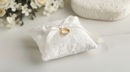 A white wedding ring pillow with a gold band and diamond on top sits on a white table