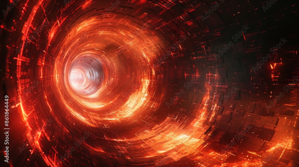 Poster explore a mesmerizing red particle tunnel in the vastness of space, ideal for scifi and cosmic desig
