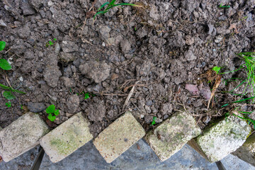 Top view of garden soil texture with a row of concrete paving stones