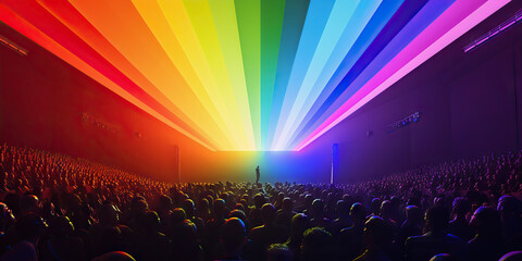 A rainbow of hope shines above the audience, each band of color representing a chance at the grand prize.