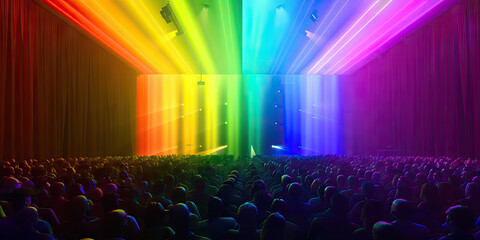 A rainbow of hope shines above the audience, each band of color representing a chance at the grand prize.