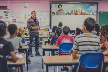 Elementary School Students Participate in a Video Conference Lesson