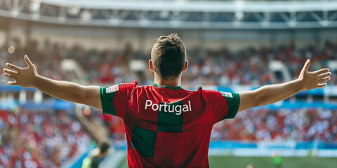 Portugal football fan stands on the stands in front of the stadium and cheers for his team. America Copa, Portugal team