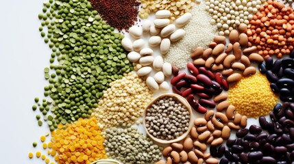 Collection of various grains in bowls isolated on white background, top view. Set of indispensable sources of protein for a healthy lifestyle. Quality food. Healthy eating concept