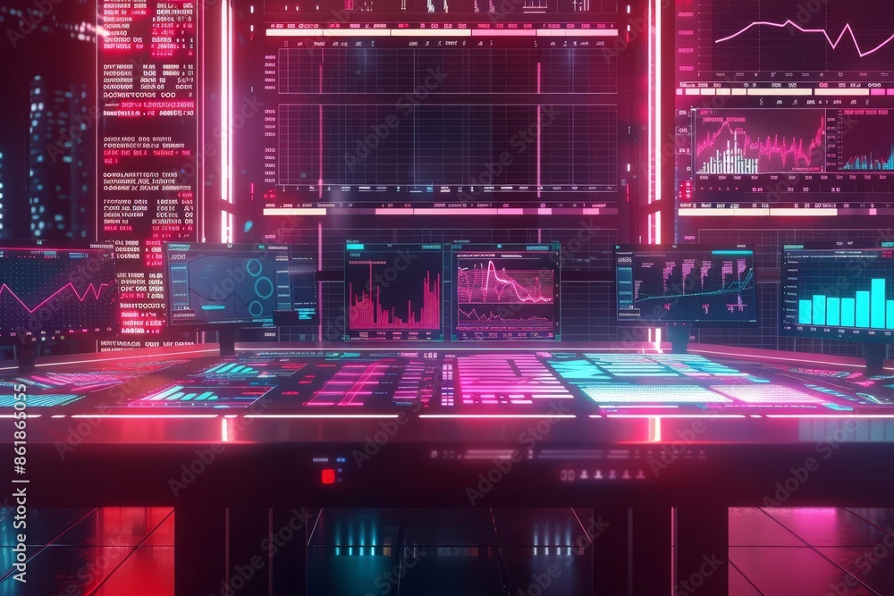 Poster futuristic glowing desk with stock data charts for tech and finance projects, loop video background