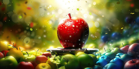A sparkling red apple sits atop a pedestal, surrounded by an array of green, yellow, and blue fruits, symbolizing the diverse array of winners in the contest.