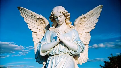 Marble statue of an angel with wings outspread wide with a peaceful expression on its face
