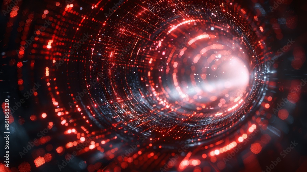 Poster explore a mesmerizing red particle tunnel in the vastness of space, ideal for scifi and cosmic desig