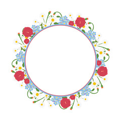 Floral round frame. Wildflowers frame template with copy space for social media, greeting card, wedding invitation, banner and poster. Colored flat illustration isolated on white background. Vector