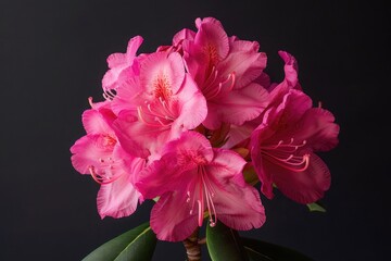 A blooming rhododendron, its large pink blossoms dramatic against the dark charcoal background, showcasing the flowera??s robust and vibrant nature.