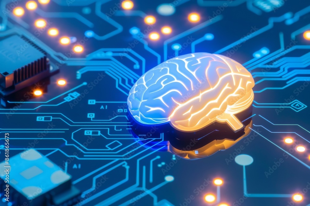 Poster ai brain with glowing neural network on circuit board, symbolizing cognitive technology